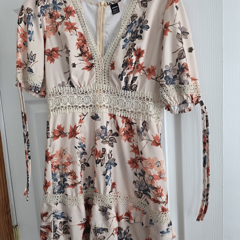 SHEIN Floral Lace Midi Dress in Cream and Red